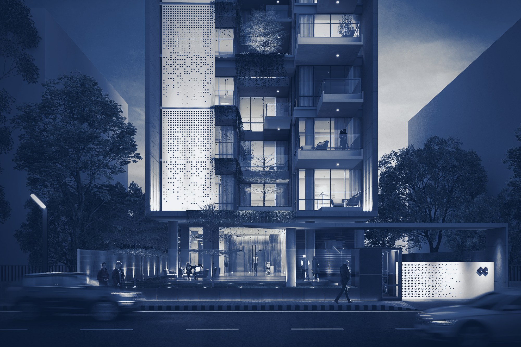 Apartment building behind trees at night, tinted navy