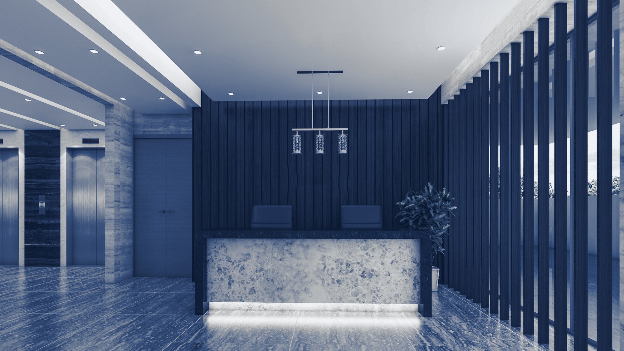 Residential lobby and front desk, tinted navy