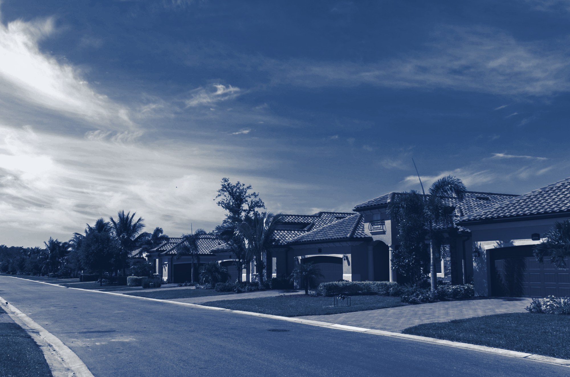 Street of newer single-family homes with garages, front lawns, palms and landscaping under a blue sky, tinted navy